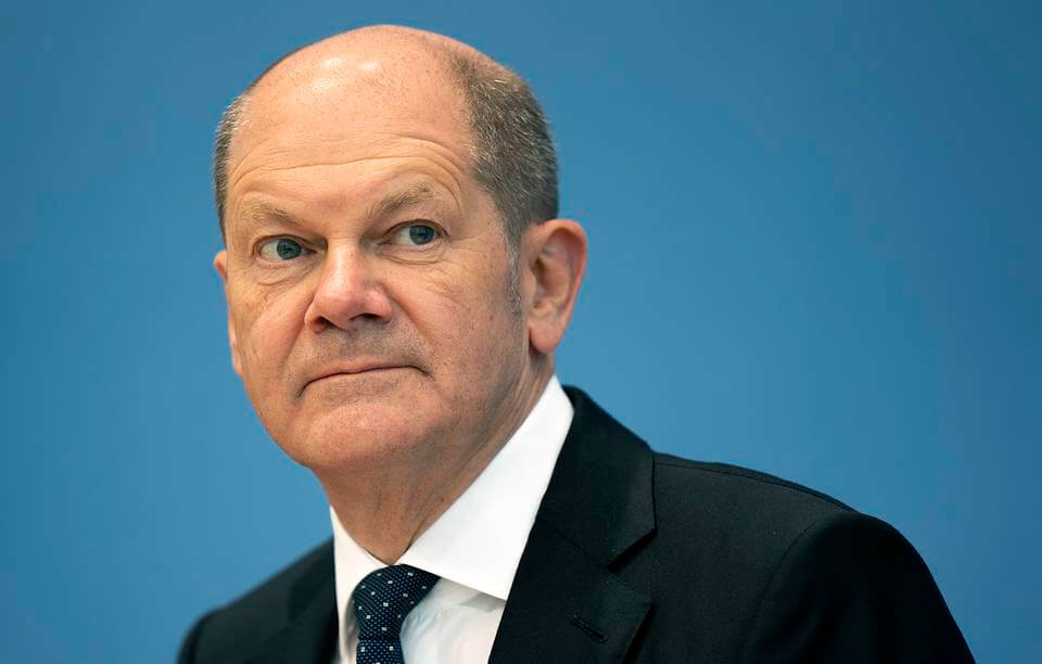 German Finance Minister Olaf Scholz addresses the media during a press conference on the tax estimate in Berlin, Germany, Wednesday, May 12, 2021. (AP Photo/Michael Sohn, pool)