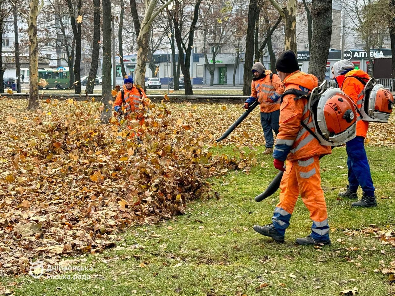 У чотири рази швидше: опале листя у зелених зонах Дніпра прибирають повітродувками