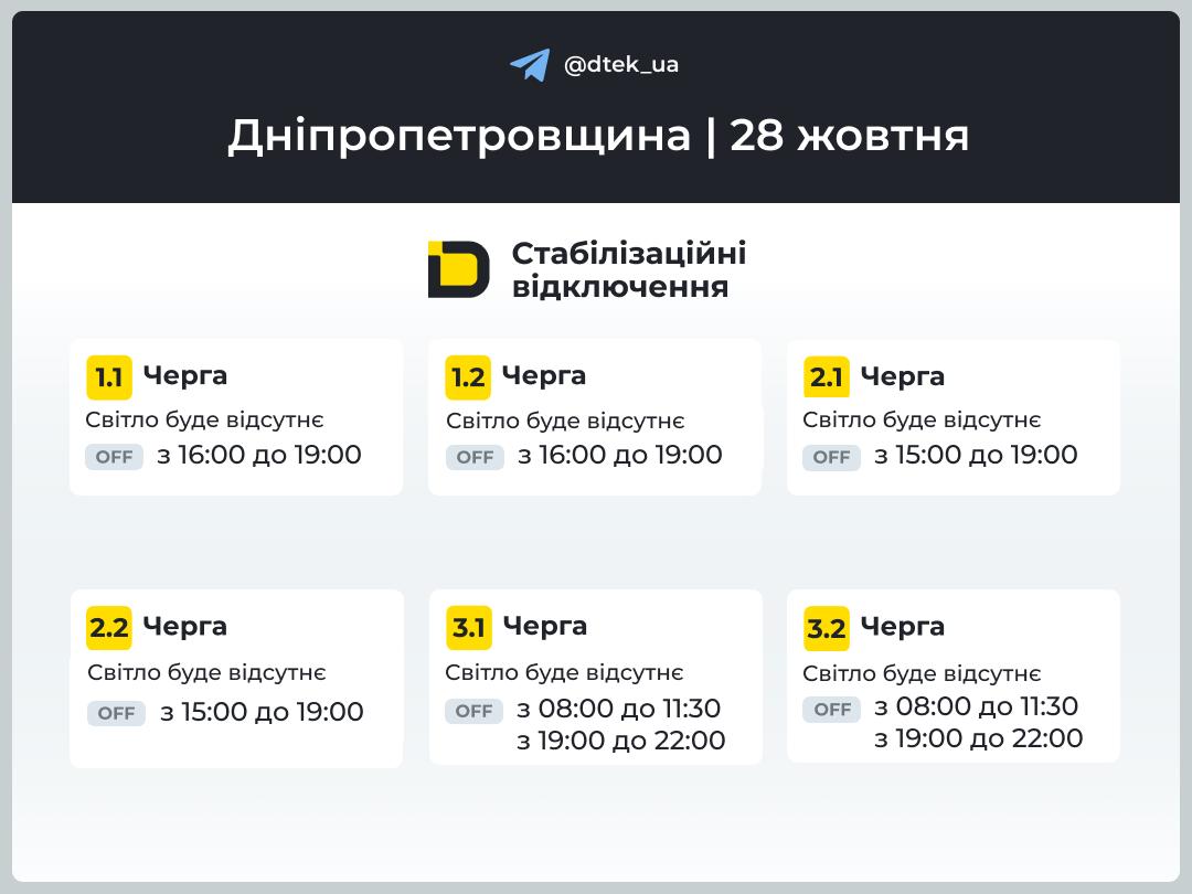 Графіки відключень на Дніпропетровщині від ДТЕК на 28 жовтня