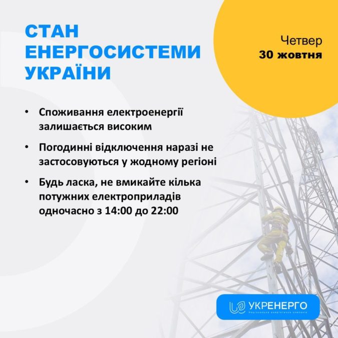 Скасували погодинні відключення: енергетики закликають до ощадного споживання - 30.10.2025