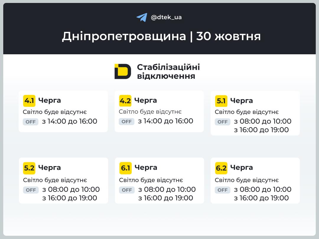 Відключення світла - 30.10.2025