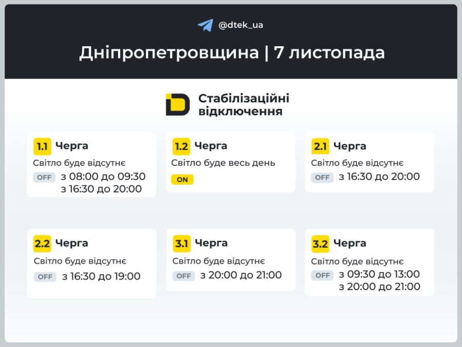 Графіки відключень світла 7.11.2025 Графіки відключень світла 7.11.2025