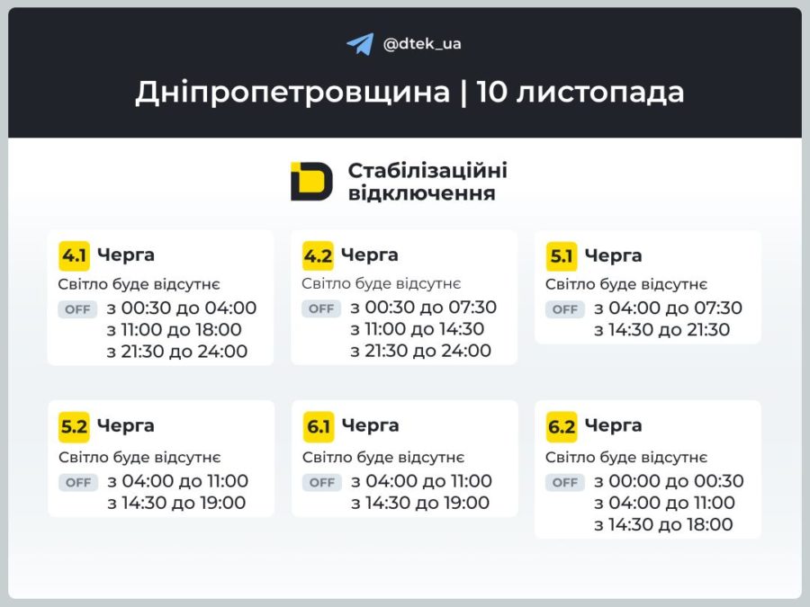 Відключення світла 10.11.2025 у Дніпрі та області Відключення світла 10.11.2025 у Дніпрі та області