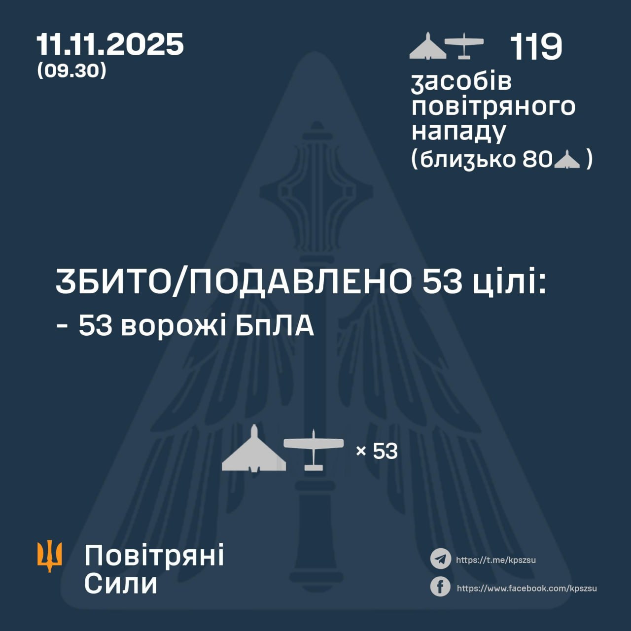 ППО за ніч знешкодила 53 зі 119 російських дронів - 11.11.2025