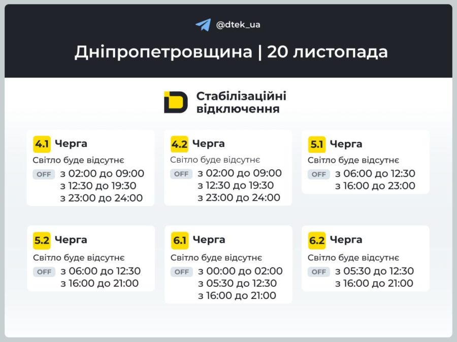 Графіки відключень світла повертаються 20.11.2025