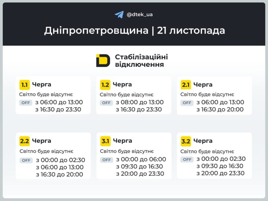 Графіки відключення світла на 21.11.2025