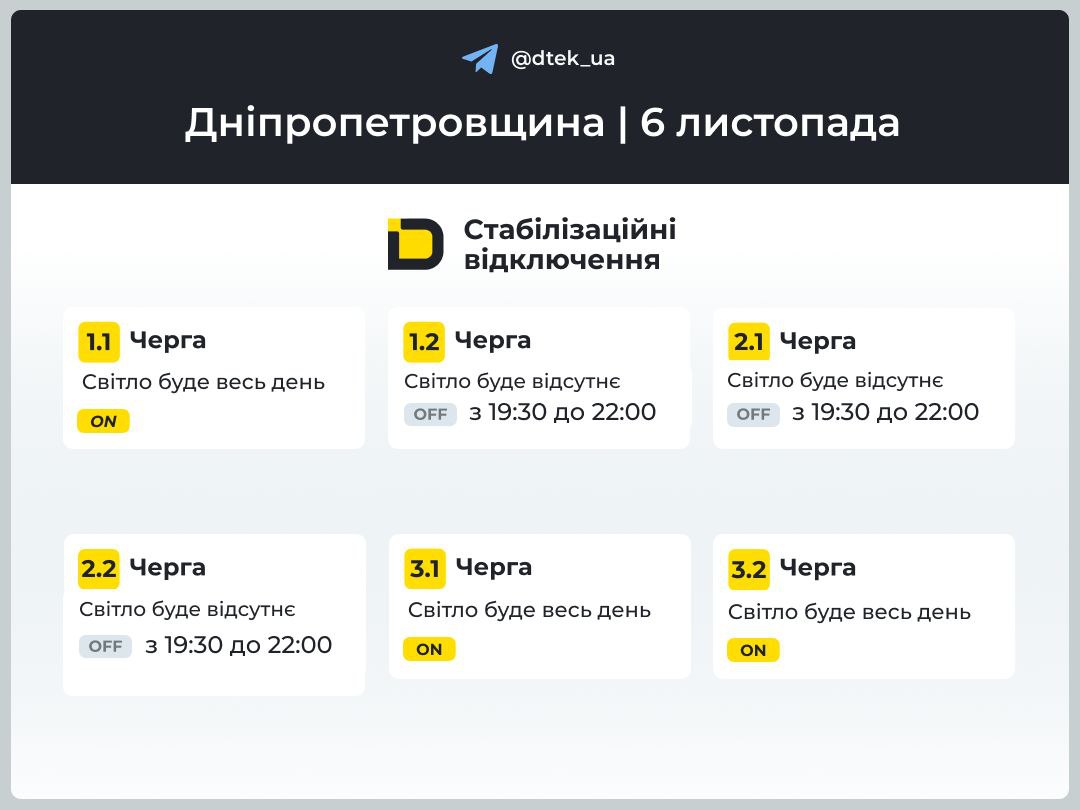 Графіки відключення світла для абонентів ДТЕК у Дніпрі 6 листопада