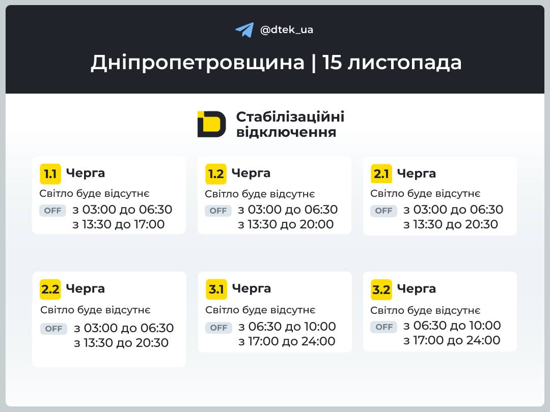 Графік відключень світла ДТЕК у Дніпрі 15 листопада 2025