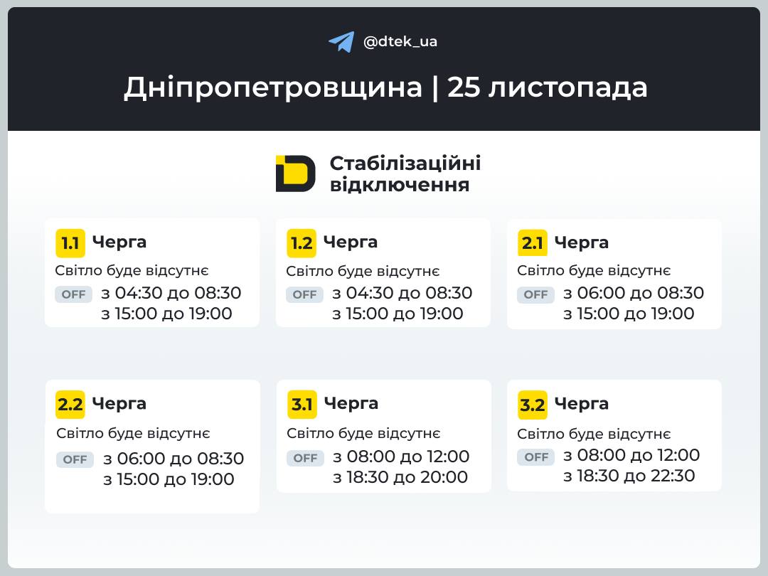 Графіки відключень світла на 25 листопада для Дніпра та області: ДТЕК