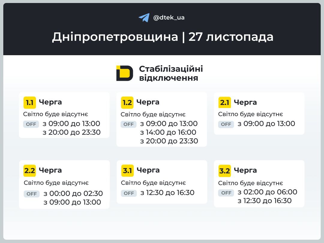 Графіки відключення світла для Дніпра та області на 27 листопада: ДТЕК