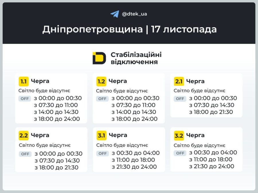 Графіки відключення світла на Дніпропетровщині 17.11.2025 Графіки відключення світла на Дніпропетровщині 17.11.2025