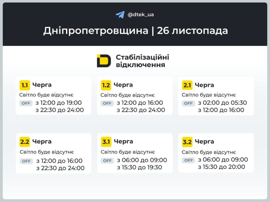 Графіки відключень світла 26.11.2025