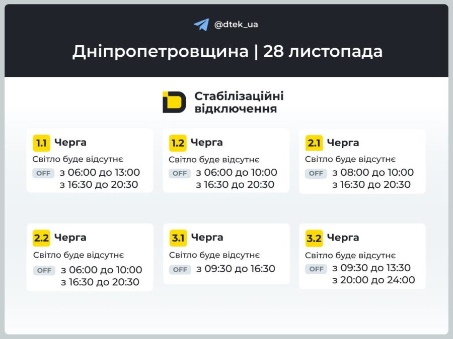 Графіки відключення світла 28.11.2025