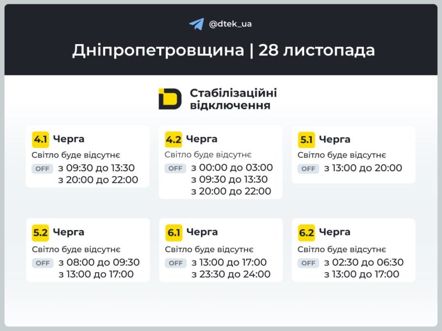 Графіки відключення світла 28.11.2025