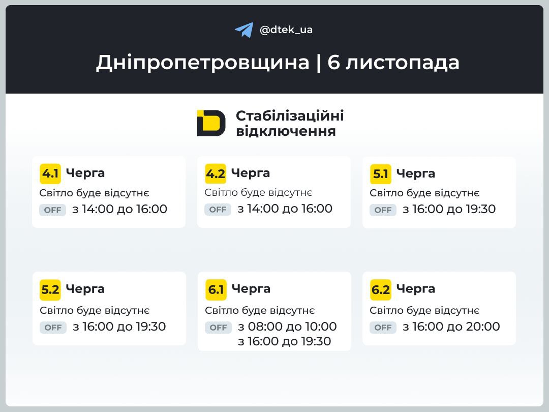 Графіки відключення світла для абонентів ДТЕК у Дніпрі 6 листопада