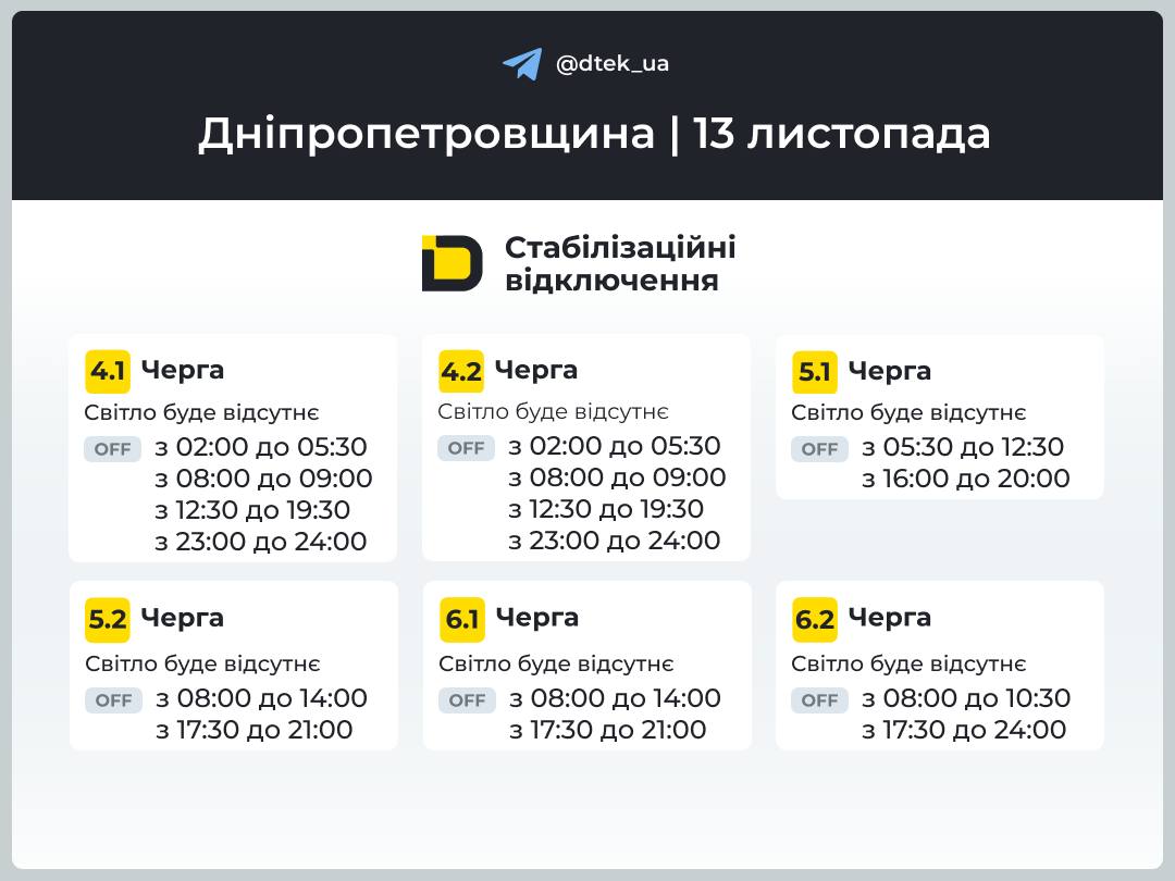 Графіки відключення світла на Дніпропетровщині від ДТЕК на 13 листопада