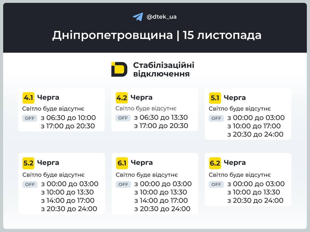 Графік відключень світла ДТЕК у Дніпрі 15 листопада 2025