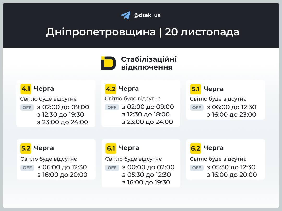 Графіки відключення світла на Дніпропетровщині 20 листопада