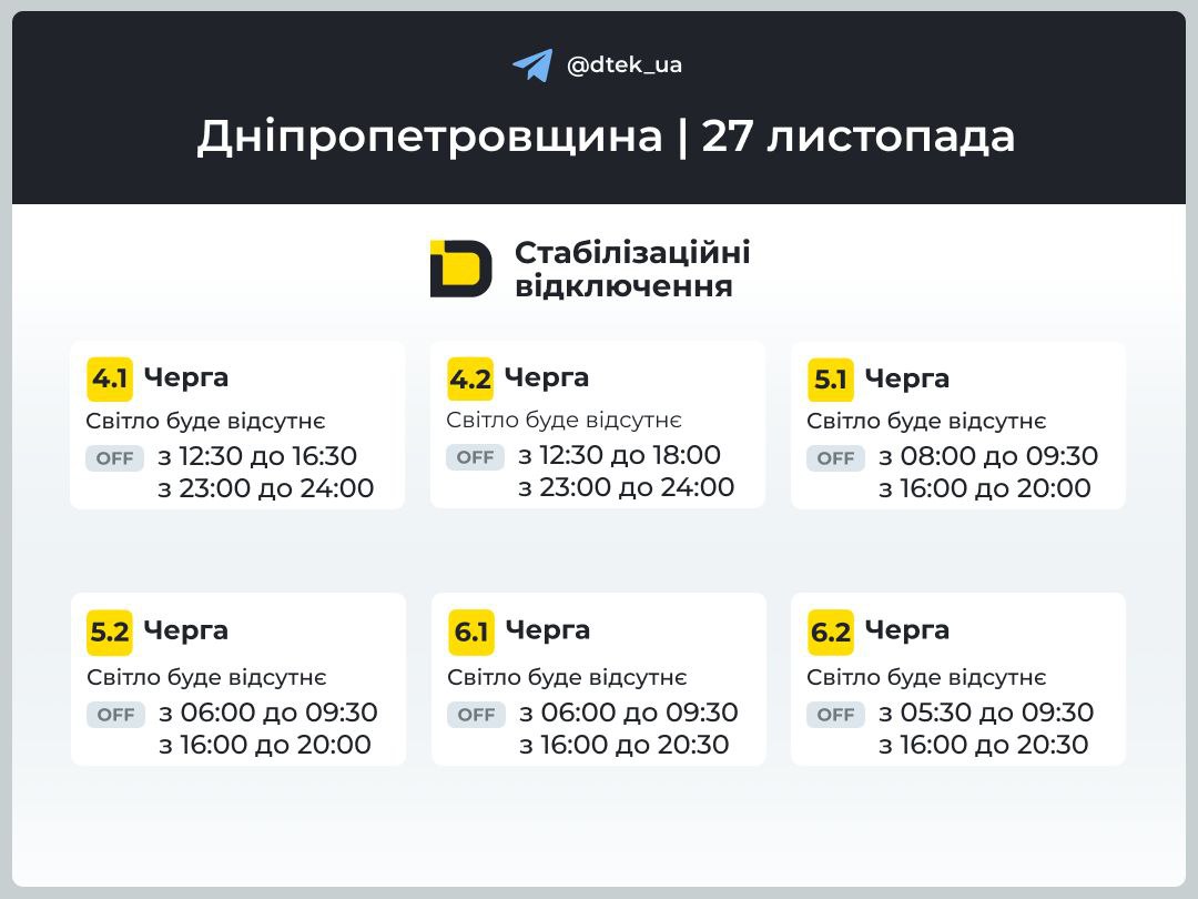 Графіки відключення світла для Дніпра та області на 27 листопада: ДТЕК