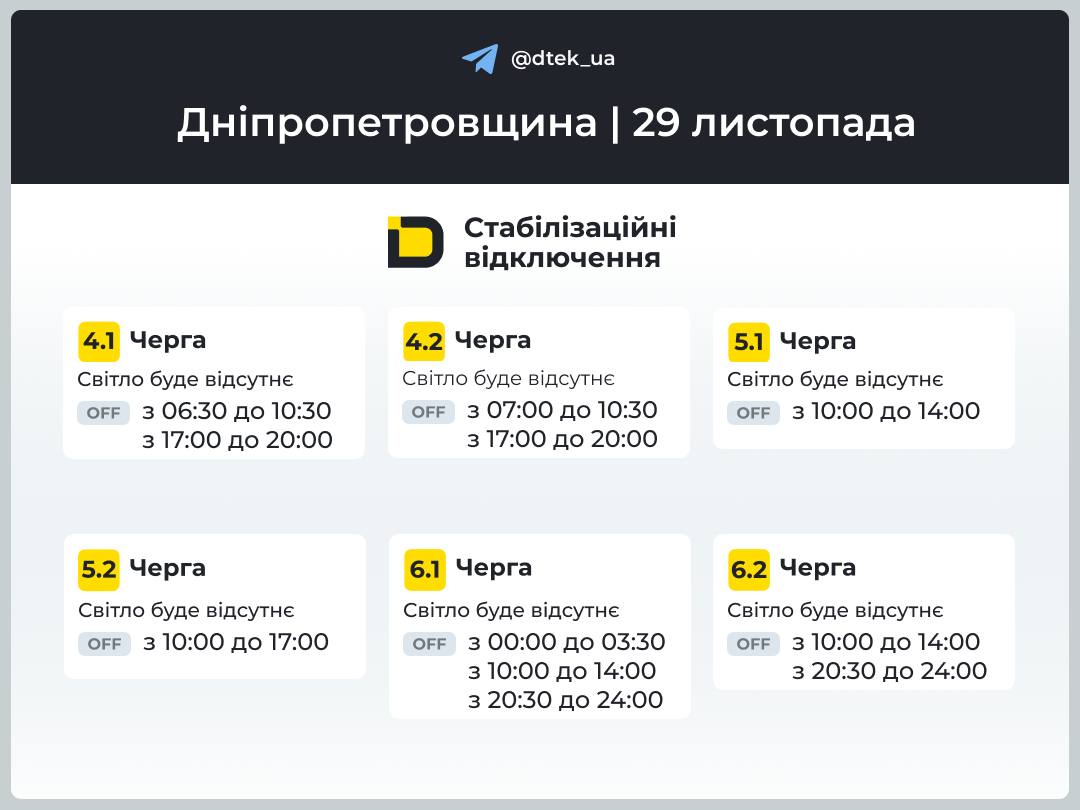 Графіки відключень світла на Дніпропетровщина на 28 листопада 2025