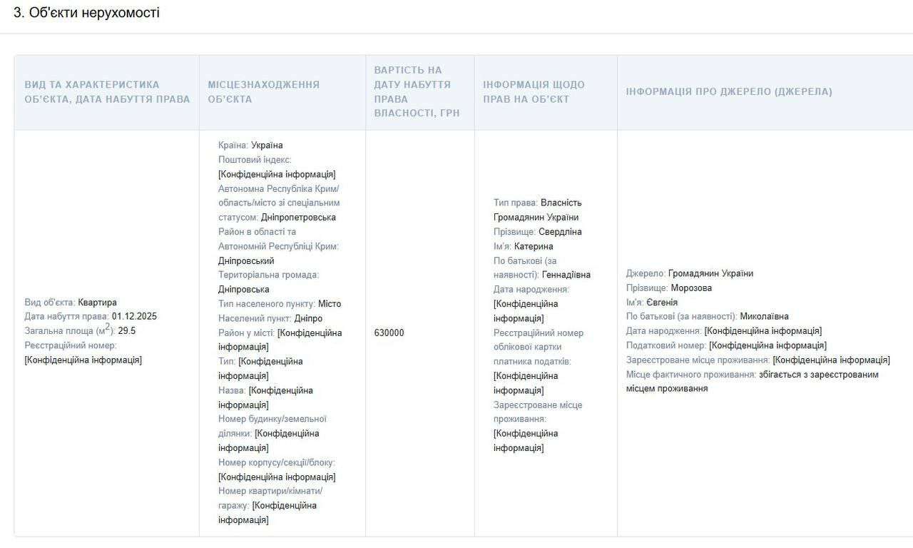 На початку грудня Дмитро Свердлін подав декларацію, у якій зазначив, що його дружина придбала квартиру у Дніпрі площею 29,5 кв. м за 630 000 грн.