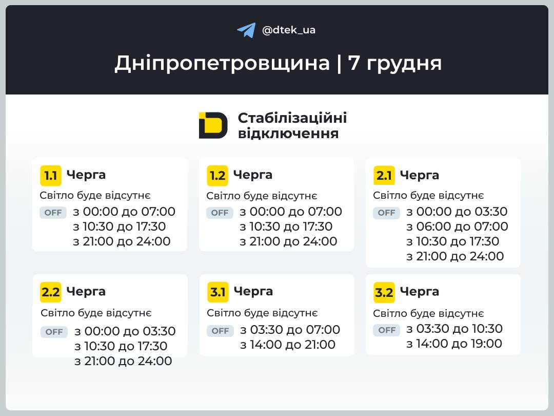 Графіки відключення світла для Дніпра та області на 7 грудня: ДТЕК
