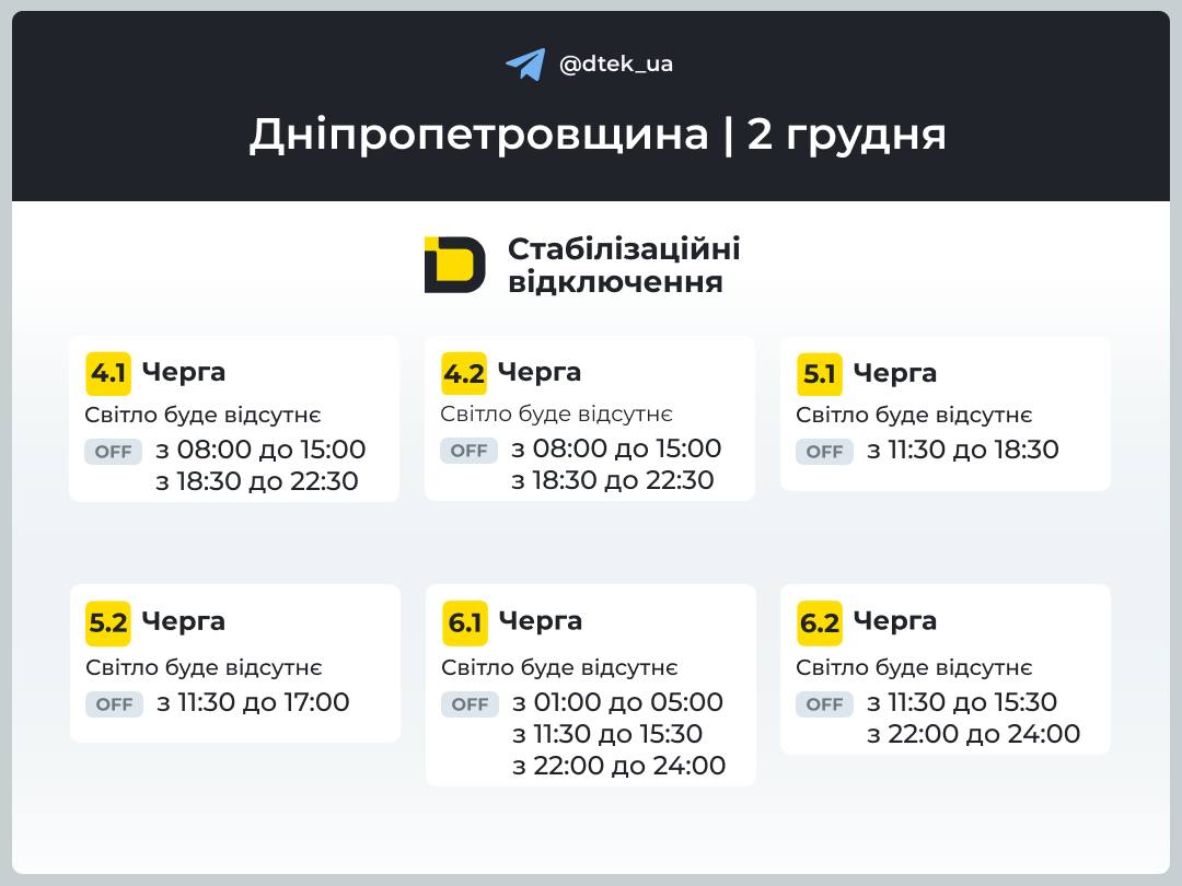 Графіки відключення світла для Дніпра та області на 2 грудня: ДТЕК