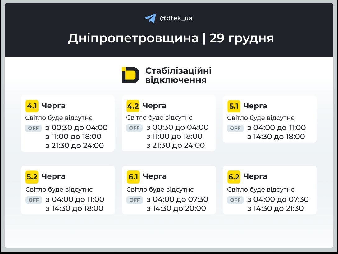 Графіки відключення світла для Дніпра та області на 29 грудня від ДТЕК