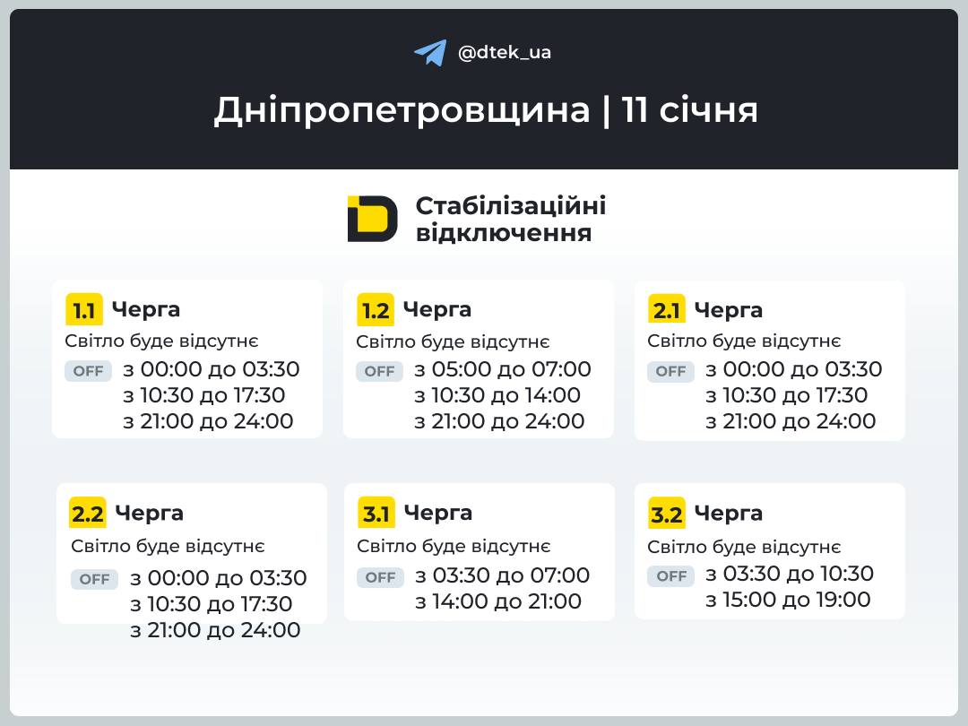 Графіки відключення світла для Дніпра та області на 11 січня від ДТЕК