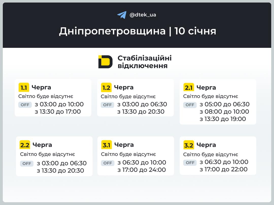 Графіки відключення світла для Дніпра та області на 10 січня від ДТЕК - 09.01.2026