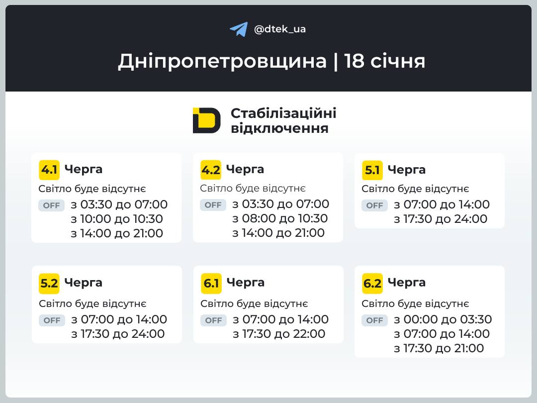 Графіки відключення світла для Дніпра та області на 18 січня від ДТЕК - 17.01.2026