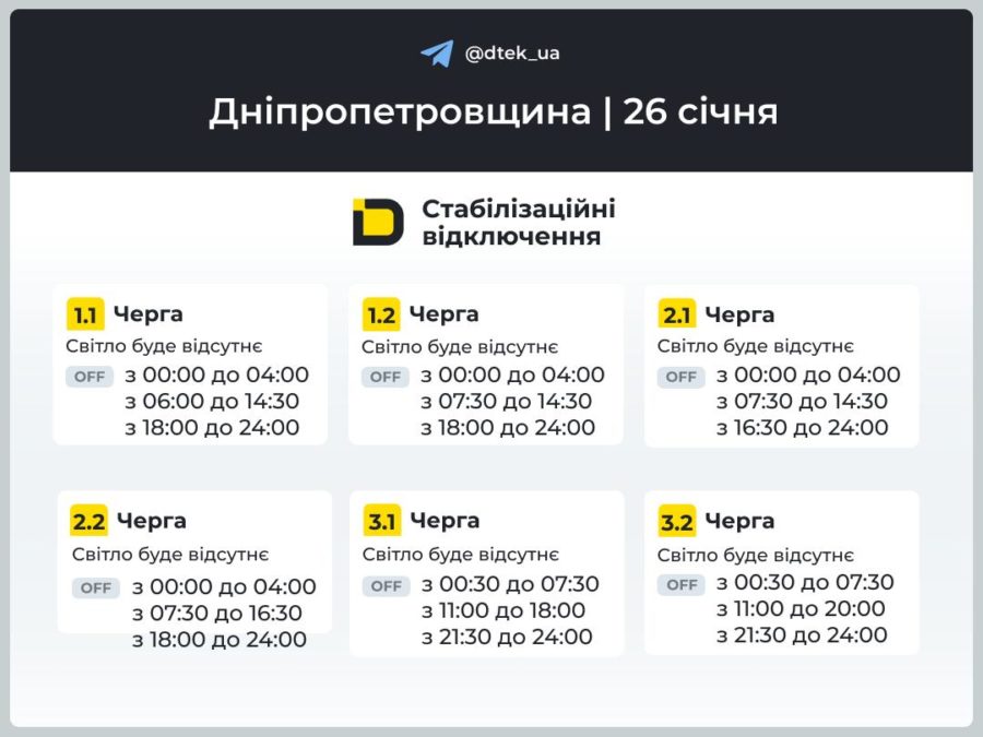 Графіки відключення світла для Дніпра та області на 26.01.2026