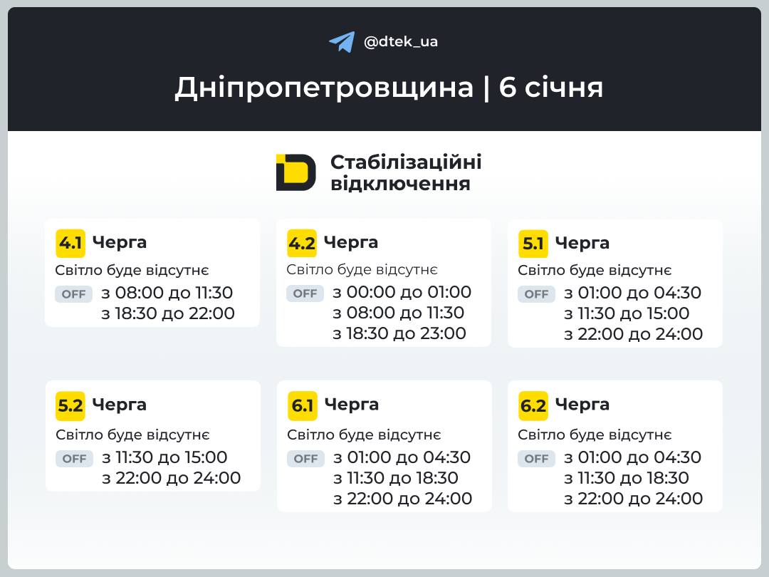 Графіки відключення світла для Дніпра та області на 6 січня від ДТЕК