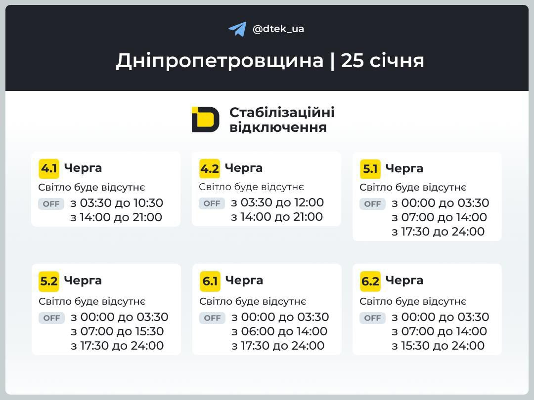 Графіки відключення світла для Дніпра та області на 25 січня від ДТЕК