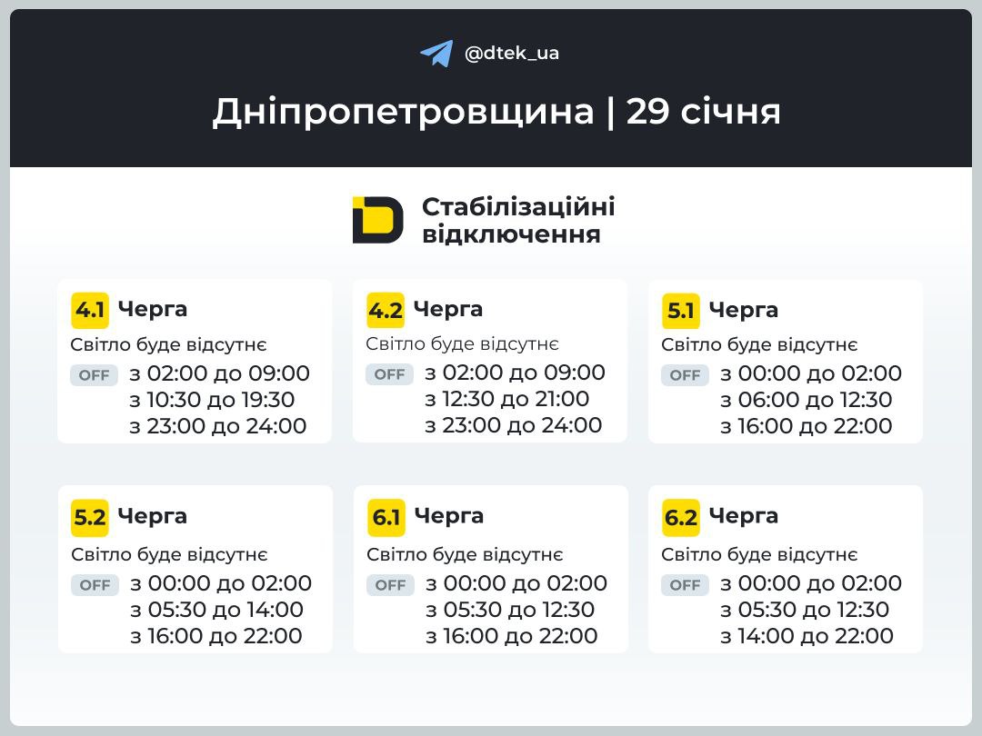 Графіки відключення світла для Дніпра та області на 29 січня від ДТЕК