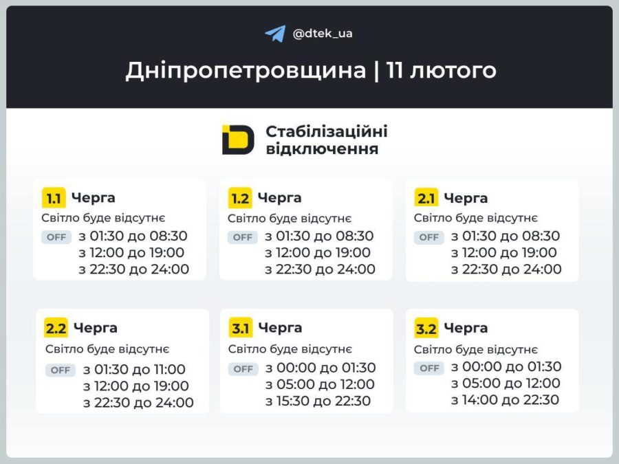графіки відключення світла на 11.02.2026 на Дніпропетровщині
