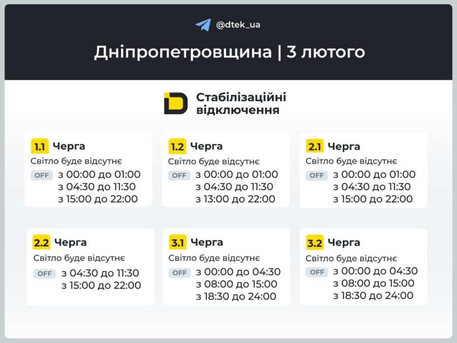 графіки відключення світла ДТЕК - 03.02.2026