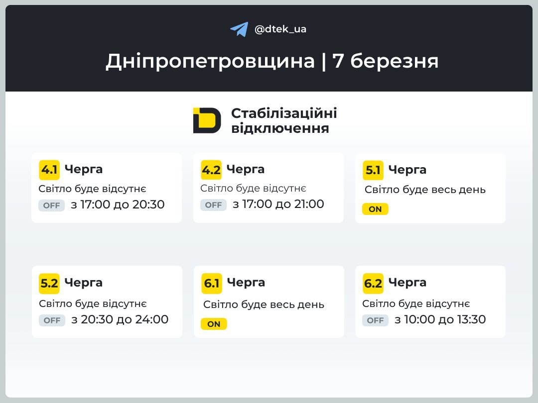 Графіки відключення світла для Дніпра та області на 7 березня від ДТЕК