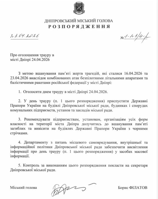 У Дніпрі оголошено день трауру за загиблими внаслідок атак, — Борис Філатов