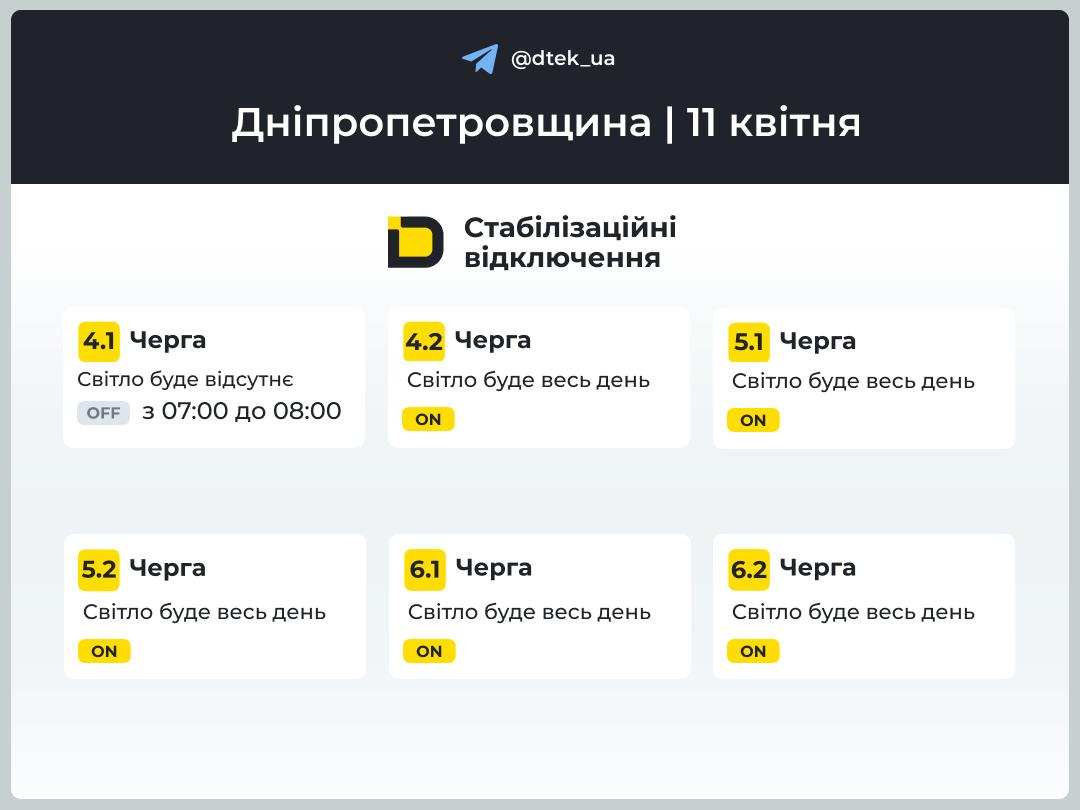 Графіки відключення світла для Дніпра та області на 11 квітня від ДТЕК - 10.04.2026