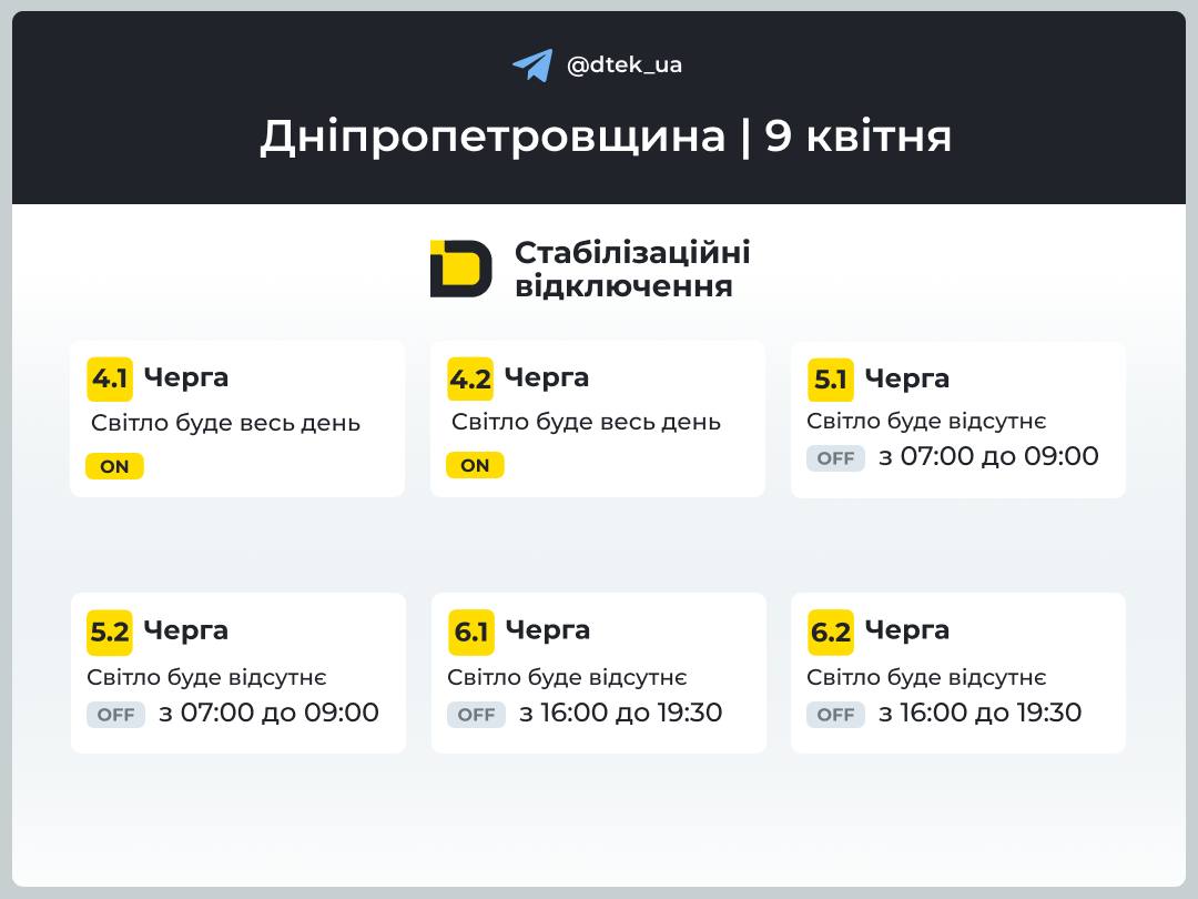 Графіки відключення світла для Дніпра та області на 9 квітня від ДТЕК