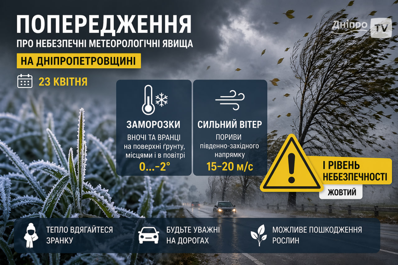 Заморозки та сильний вітер: на Дніпропетровщині оголосили жовтий рівень небезпеки