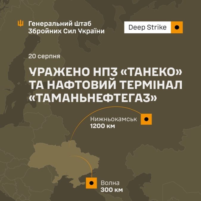 Сили оборони уразили НПЗ «ТАНЕКО» та нафтовий термінал «Таманьнефтегаз» - 20.08.2026