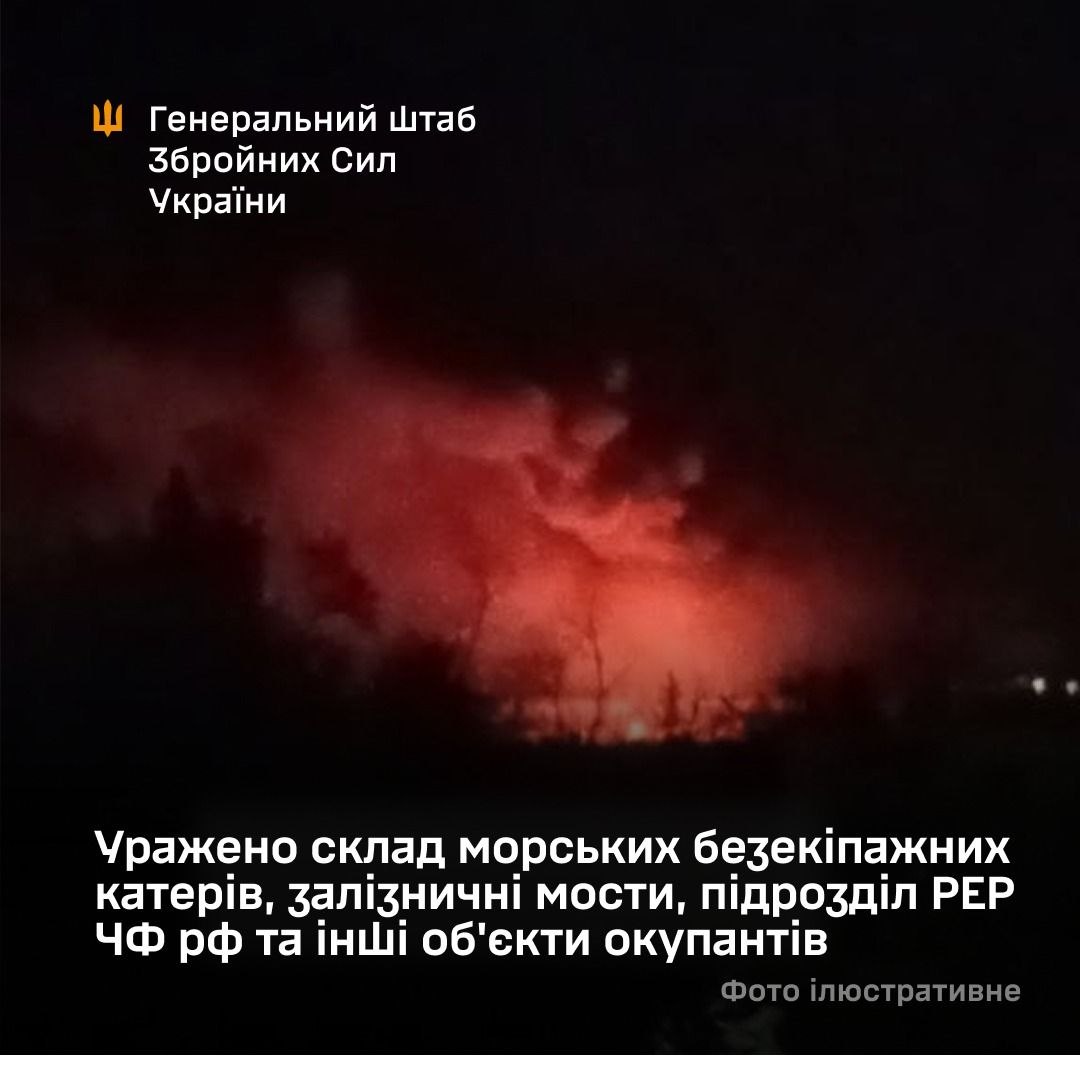 Уражено склад морських безекіпажних катерів, залізничні мости, підрозділ РЕР ЧФ рф та інші об'єкти окупантів - 01.08.2026