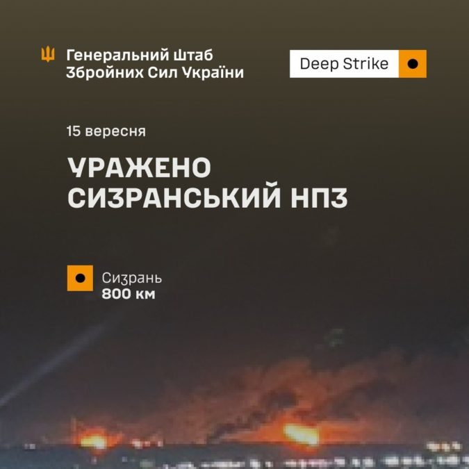 Сили оборони уразили Сизранський НПЗ, підприємство «Атлант Аэро» та військові об’єкти рф - 15.09.2026