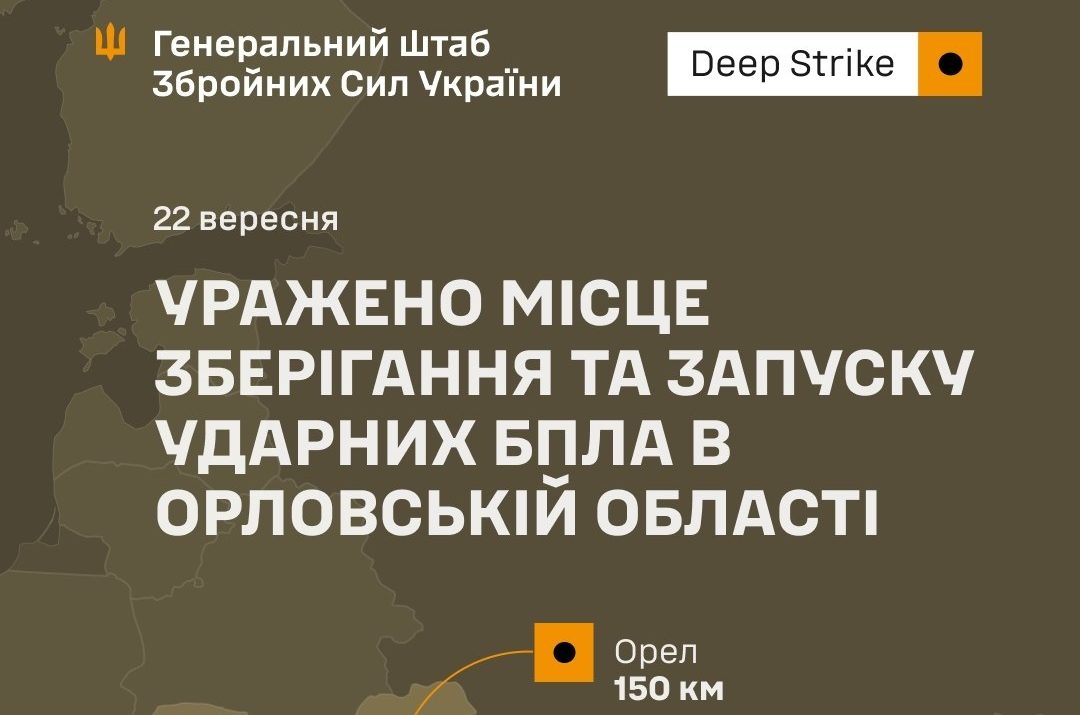 Сили оборони уразили місце зберігання та запуску ударних БпЛА в Орловській області - 22.09.2026