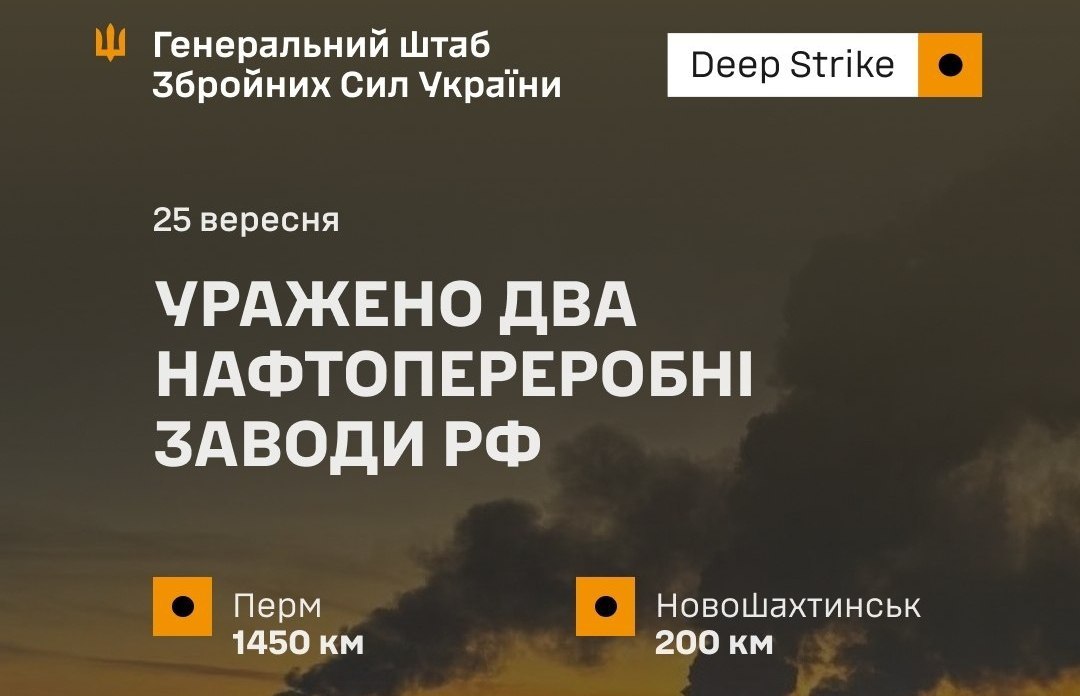 Уражено нафтопереробні заводи та РЛС російської армії - 25.09.2026