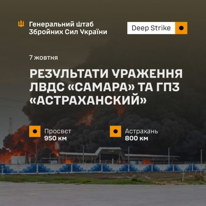 Генштаб повідомив про результати ураження ЛВДС «Самара» та ГПЗ «Астраханский» - 07.10.2026